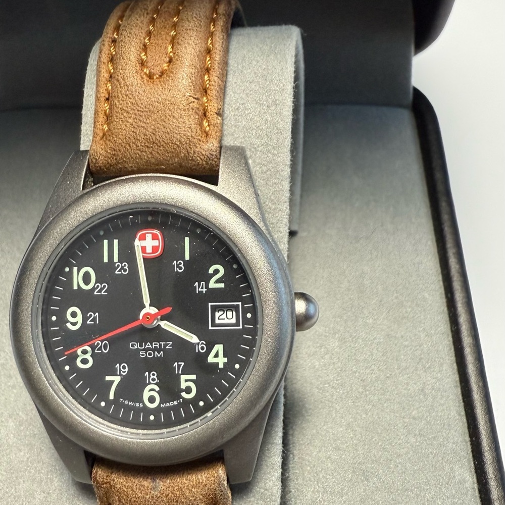 Wenger Silver and Brown Leather Watch